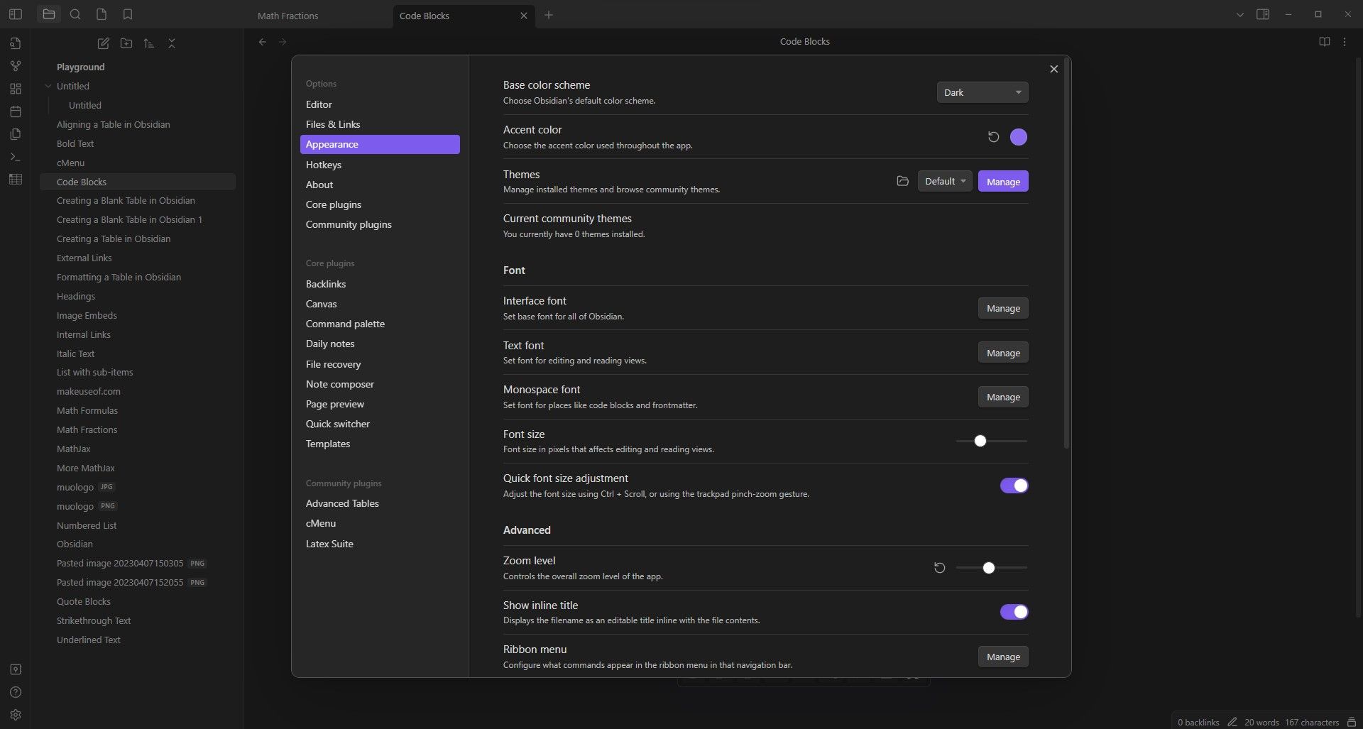 Окно настроек Obsidian, вкладка Внешний вид