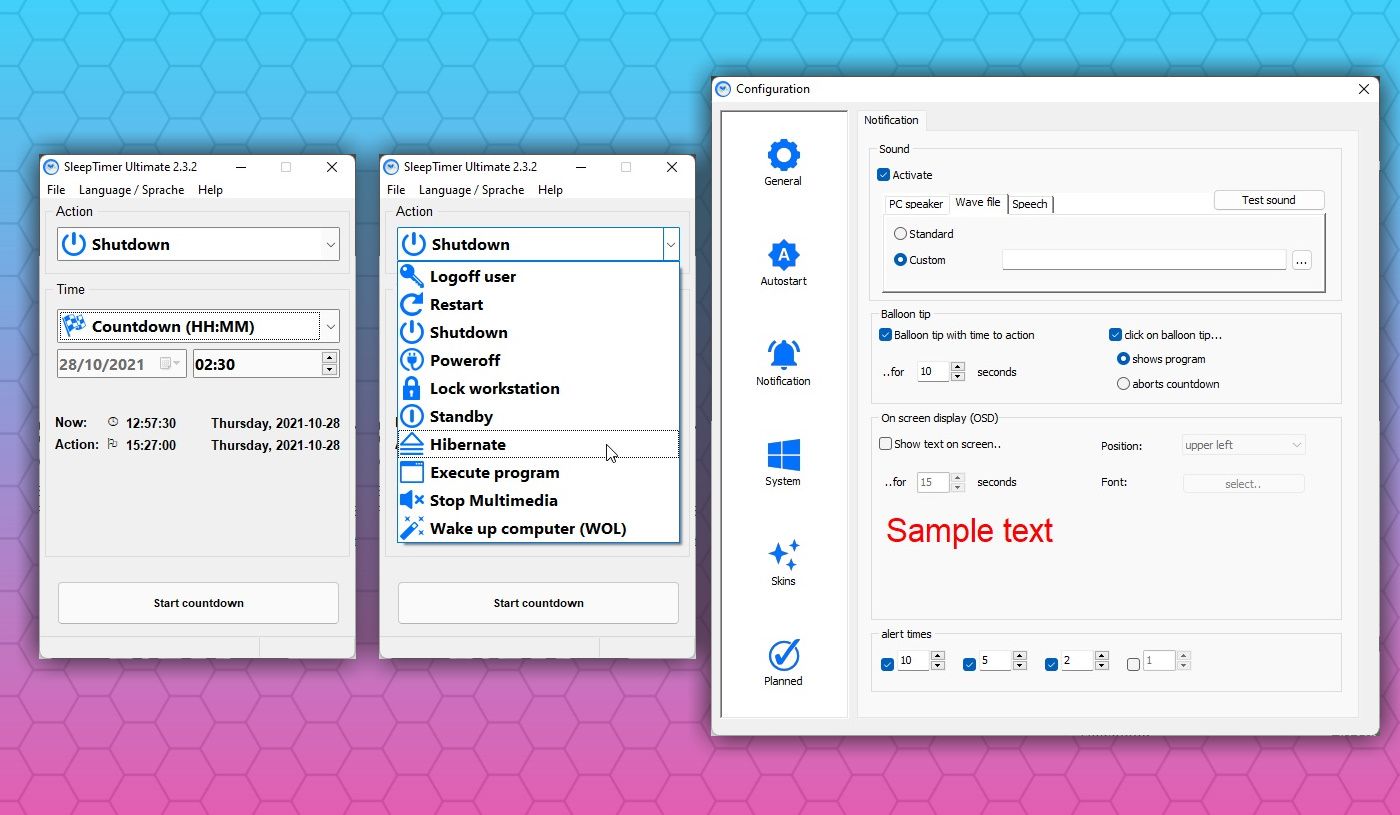 Скриншот SleepTimer Ultimate с основным экраном и настройками