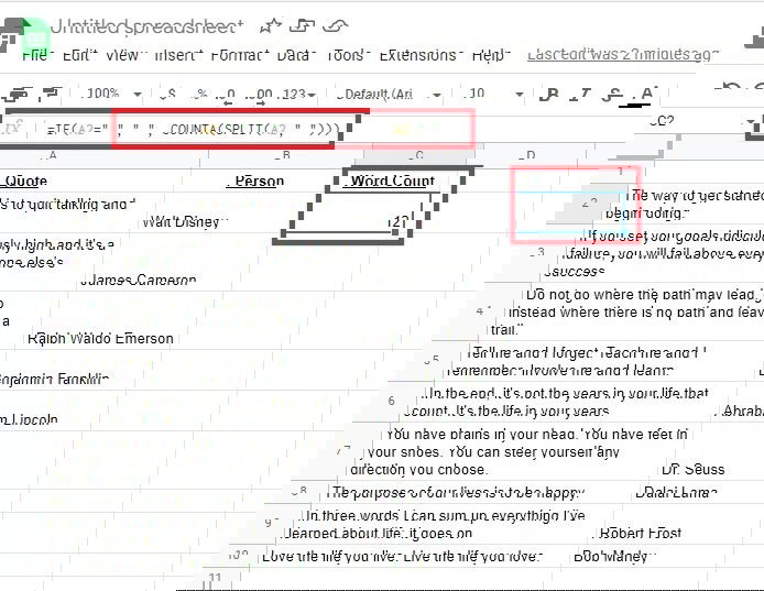 Пример: подсчёт слов в одной ячейке с помощью SPLIT и COUNTA