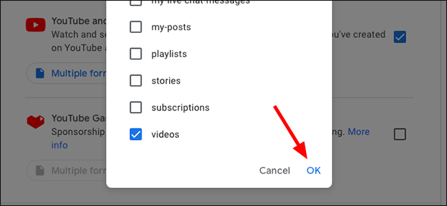 Кнопка 'ОК' в окне выбора данных YouTube
