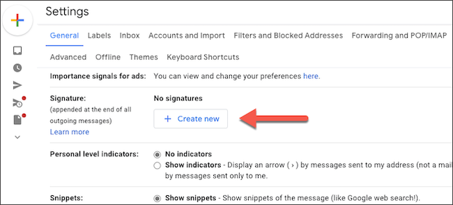 Создать новую подпись в Gmail