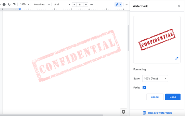 Водяной знак в документе Google Docs