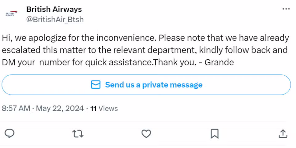 фальшивый аккаунт авиакомпании, предлагающий писать в личные сообщения