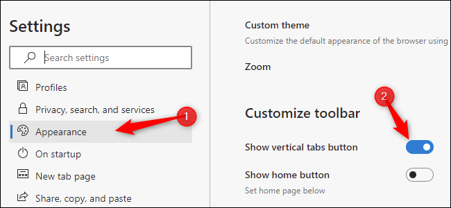 Выберите «Внешний вид» и активируйте «Показывать кнопку вертикальных вкладок»