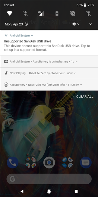 Уведомление о подключённом USB-накопителе на Android