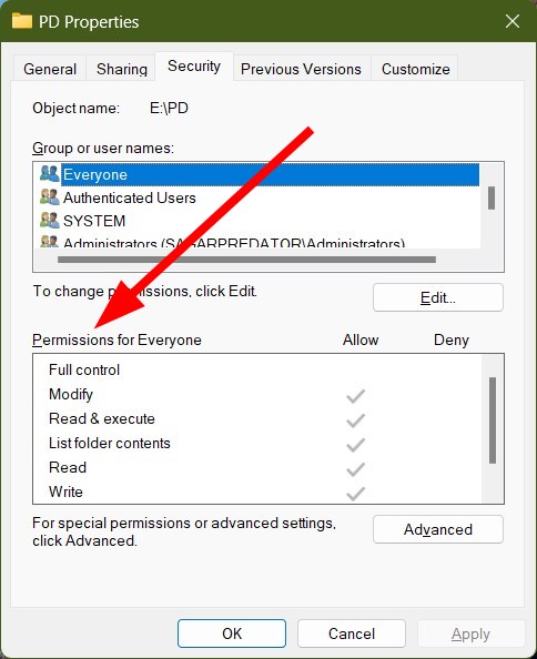 Секция Разрешения для пользователя с перечнем прав доступа и кнопкой Изменить