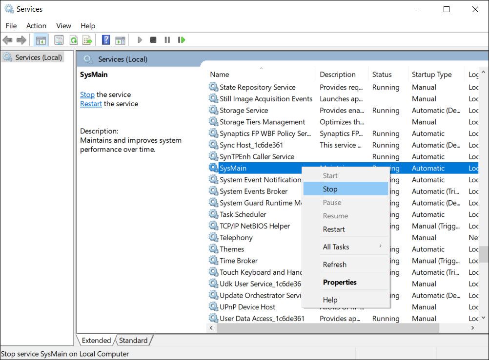Кнопка остановки службы SysMain в окне Службы