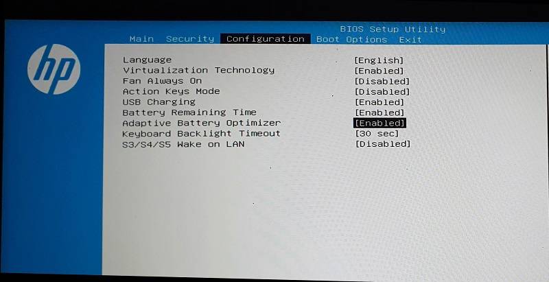 Включение Adaptive Battery Optimizer в BIOS HP