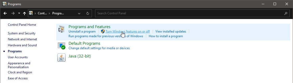 Окно компонентов Windows с пунктом Windows Media Player