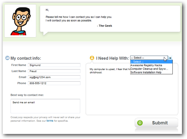 Страница профиля помощника и кнопка связи
