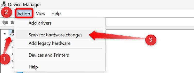 Сканирование изменений оборудования в Диспетчере устройств Windows.