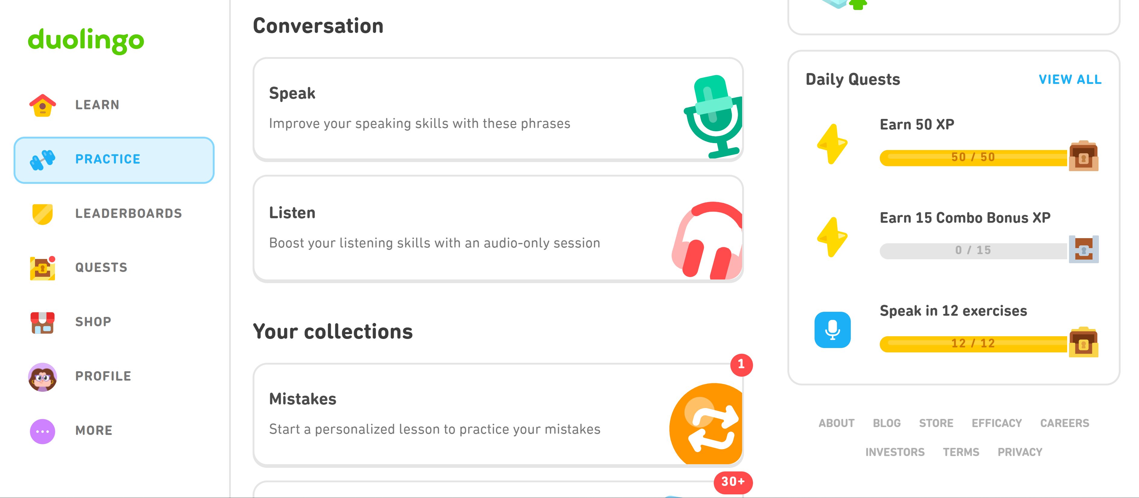 Скриншот раздела Conversation в Duolingo