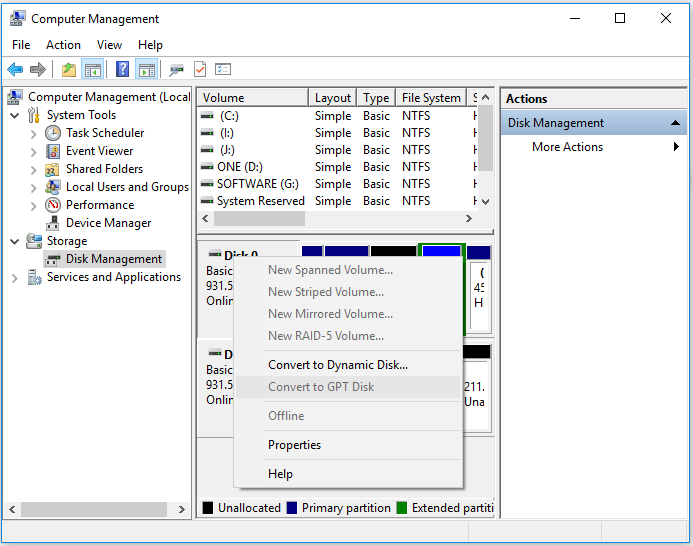 Пример Disk Management с опцией Convert to GPT Disk