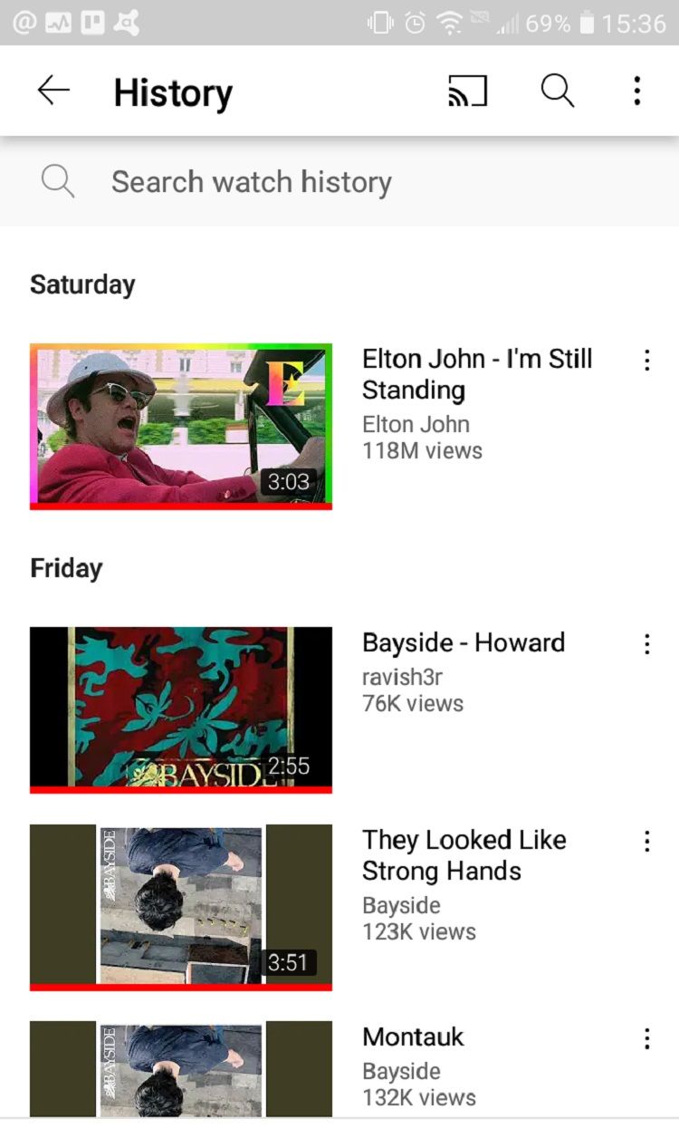 Экран 'История' в приложении YouTube