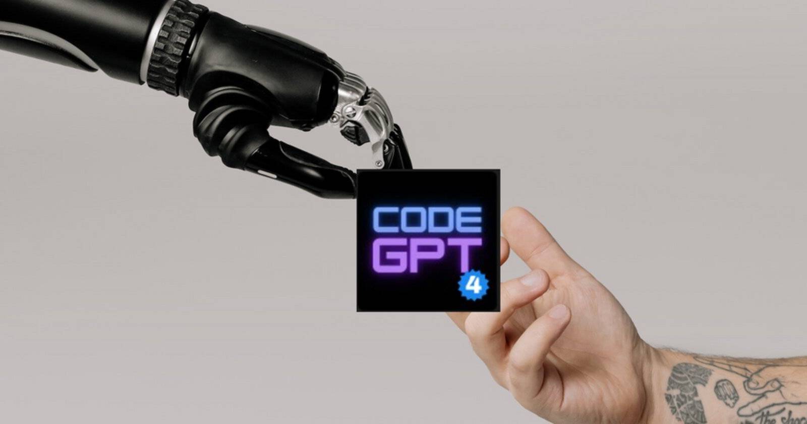 Человеческая рука и рука робота с логотипом CodeGPT поверх изображения
