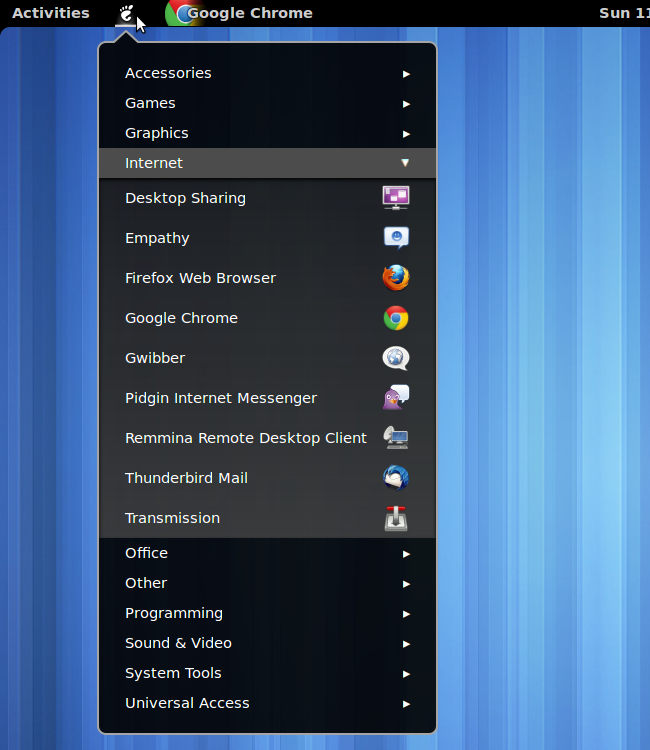 Пример расширения Applications Menu, добавляющего меню приложений в верхнюю панель