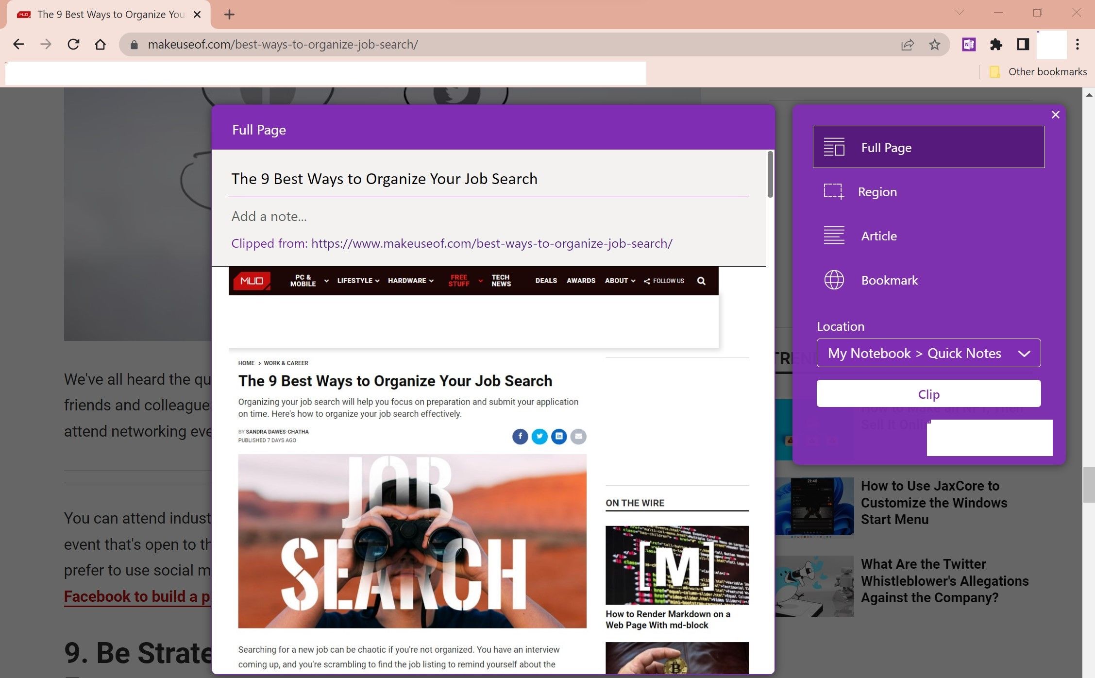 Клип страницы сайта MUO с помощью OneNote Web Clipper в Chrome