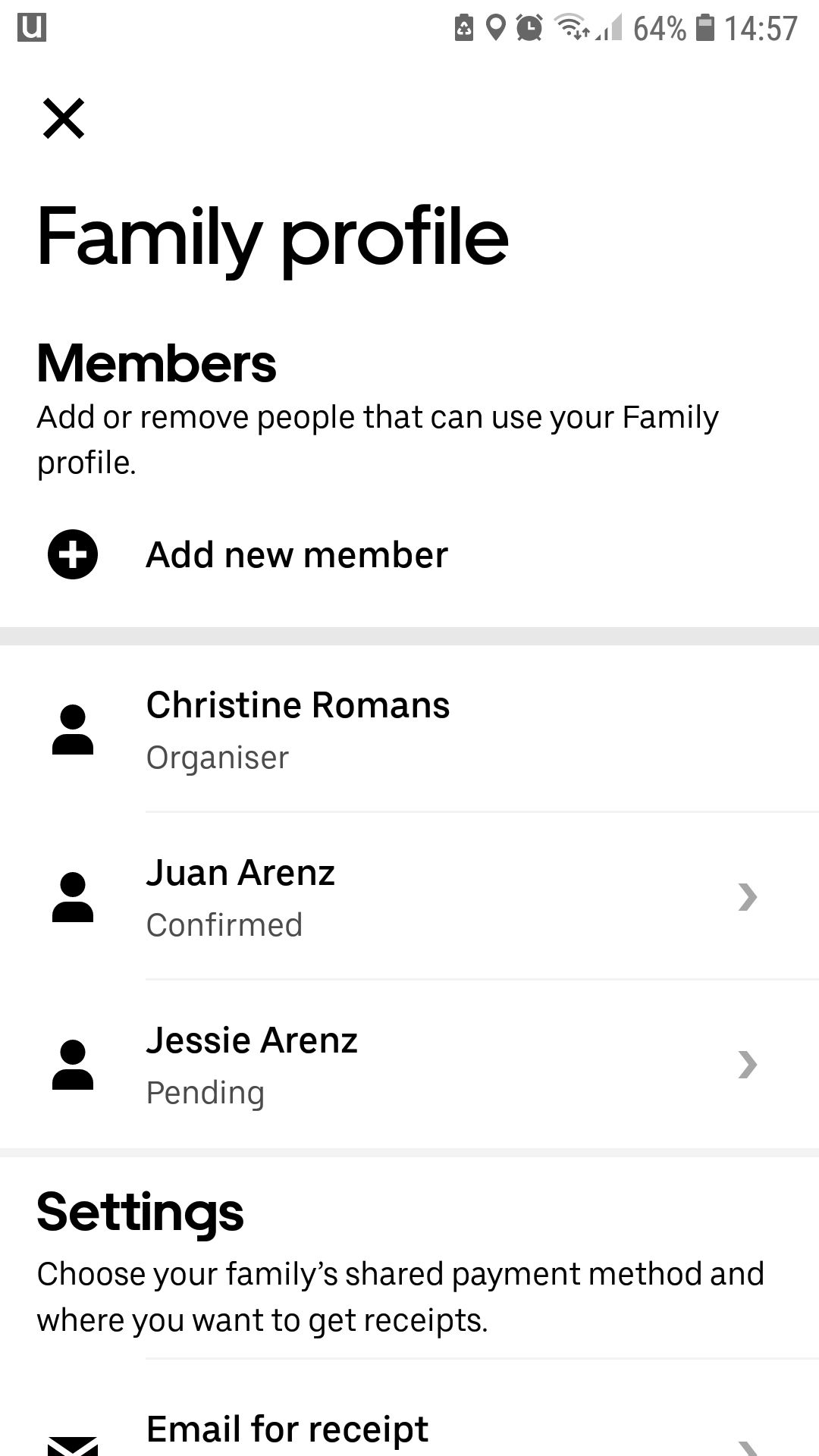 Экран приложения Uber — список участников семейного профиля
