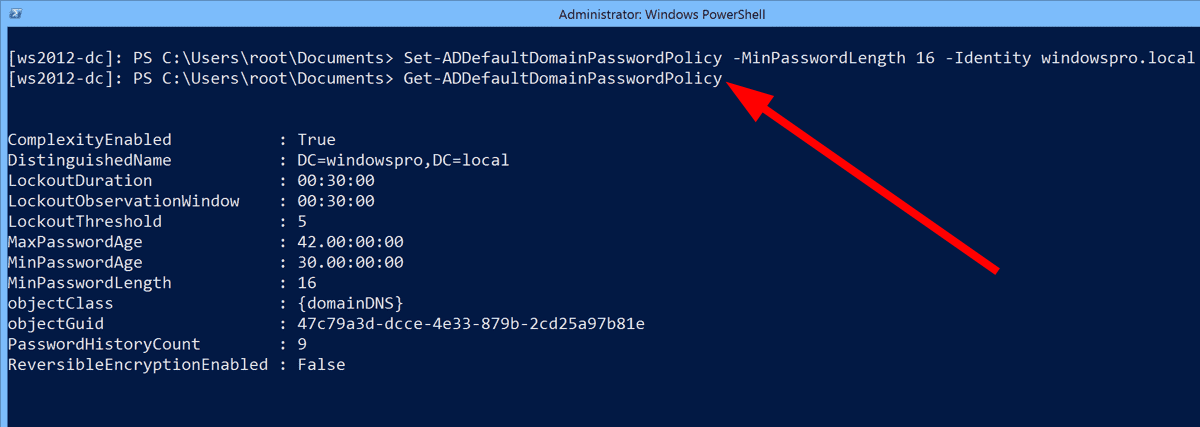 Результат Get-ADDefaultDomainPasswordPolicy в PowerShell