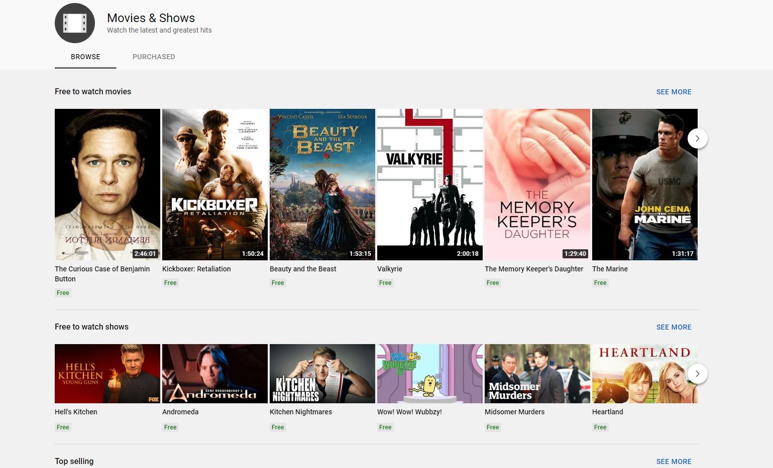 Раздел бесплатных фильмов в YouTube Movies & Shows