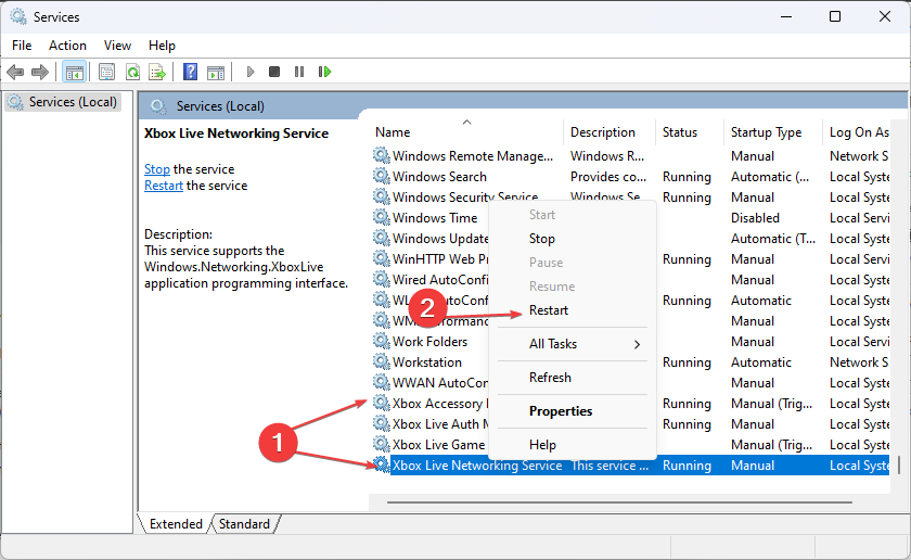 Список служб Xbox в окне Службы Windows