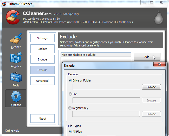 Окно добавления исключений: диск, папка, файл, ключ реестра