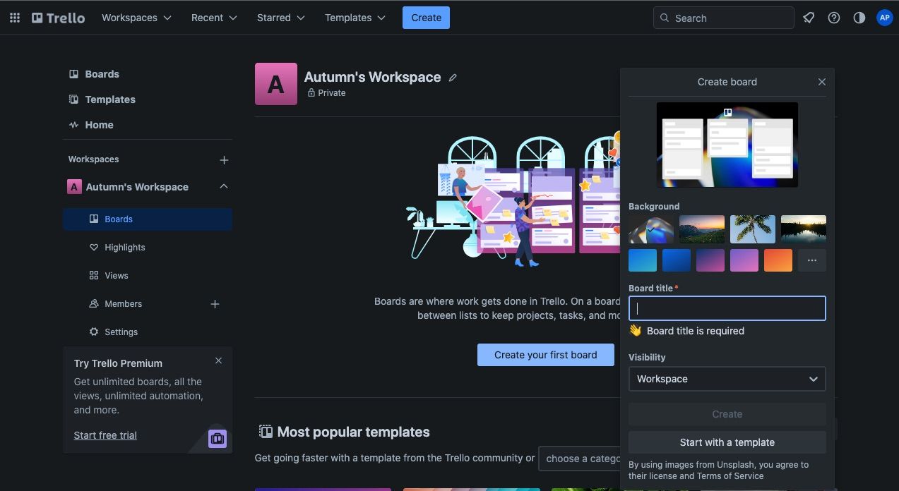 Опция создания новой доски в приложении для управления задачами