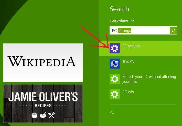 Меню Параметры ПК с разделом Поиск и приложения