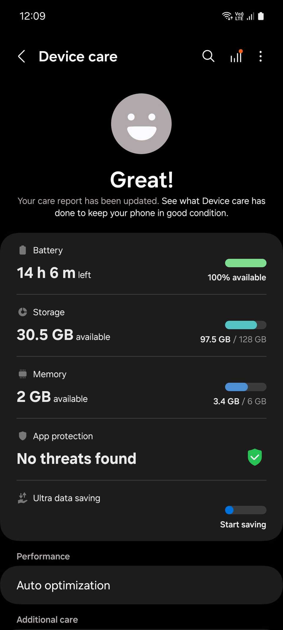 Меню Обслуживание устройства на Samsung с разделом Память.