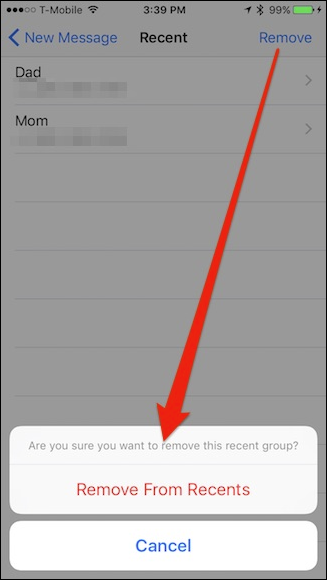 Экран удаления подсказки в iMessage