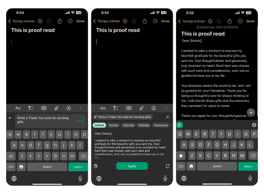Интерфейс клавиатуры Writely AI на iPhone