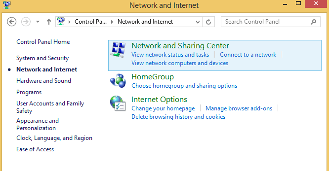 Скриншот: Панель управления, раздел Сеть и Интернет