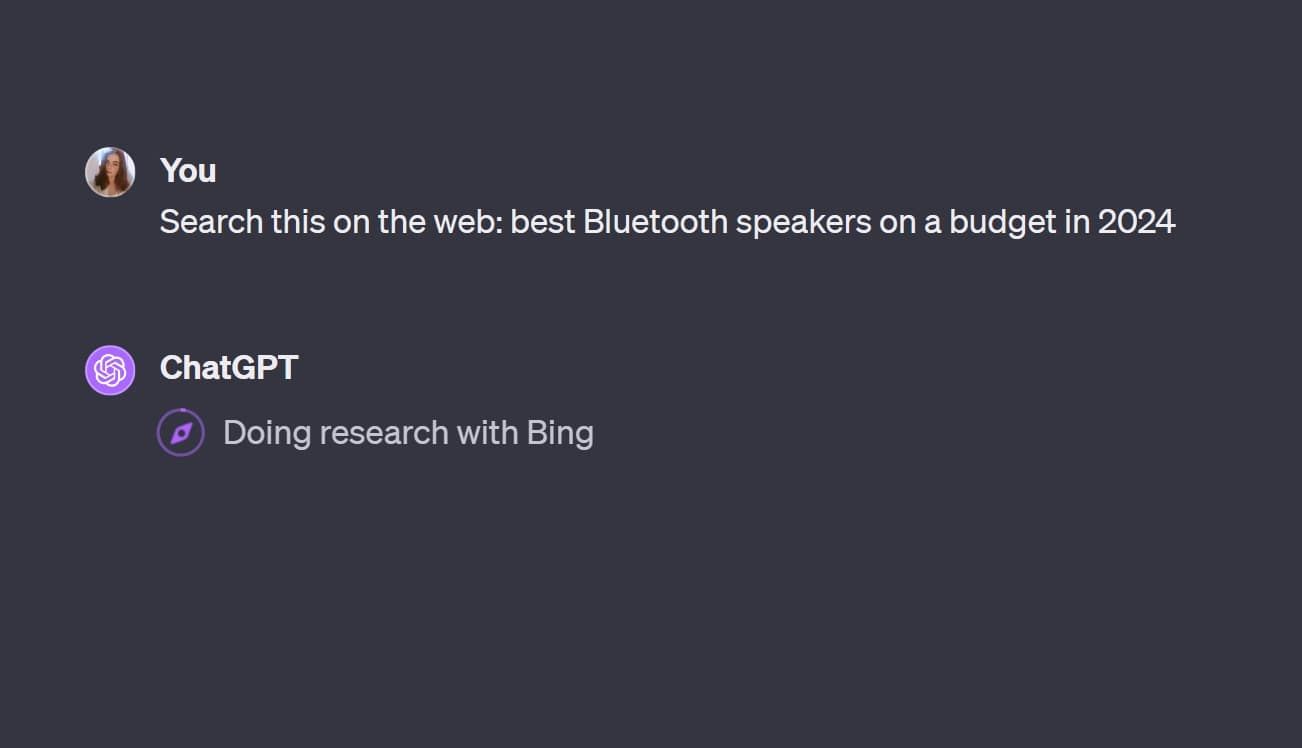 ChatGPT начинает запрос поиска на десктопе.