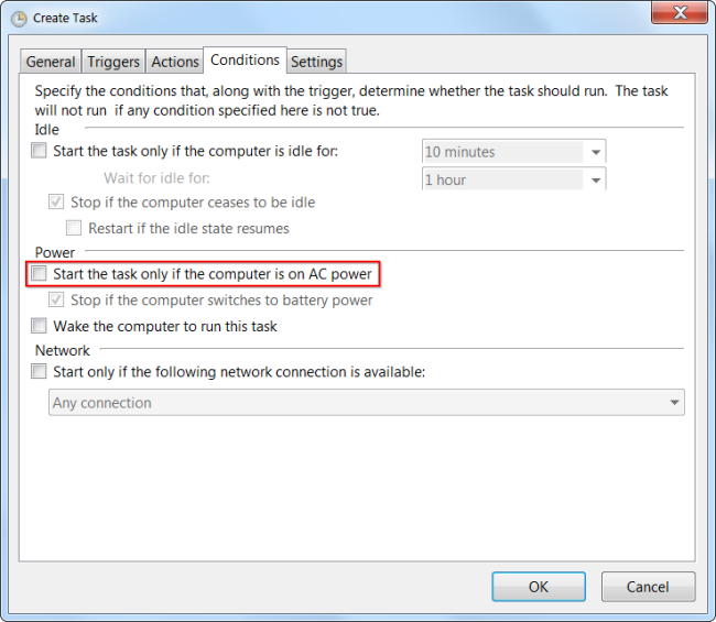 Условия задачи: отключить запуск только при подключении к питанию