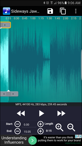 Выделение фрагмента для сохранения в Ringtone Maker