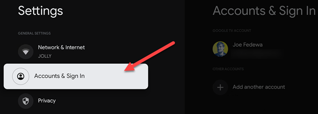 Раздел «Учетные записи и вход» в настройках Google TV