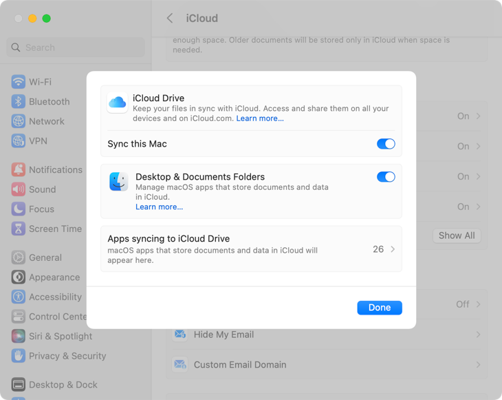 Включение синхронизации рабочий стол и документы в iCloud Drive