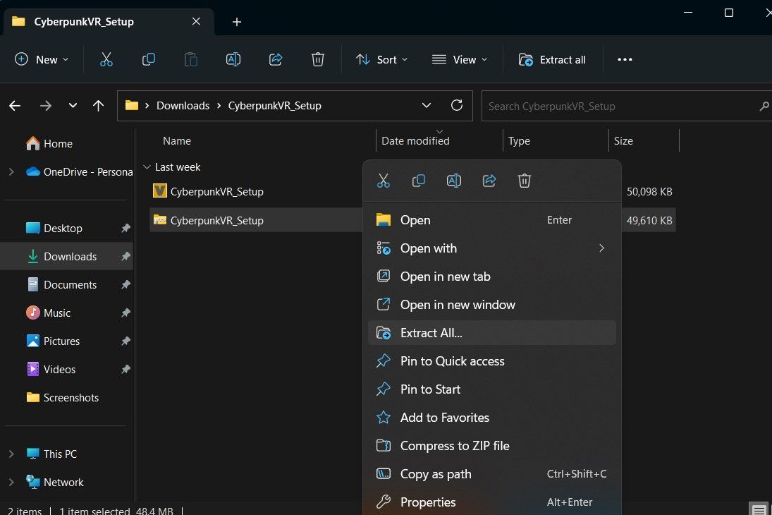 Распакуйте установочный файл бесплатной версии мода VorpX для Cyberpunk 2077