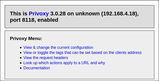 Главная страница Privoxy в окне браузера