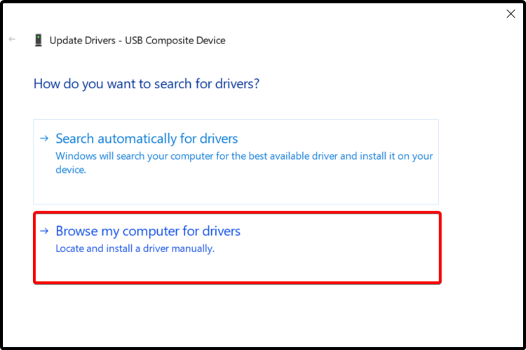 Выбор 'Обзор компьютера для поиска драйверов'