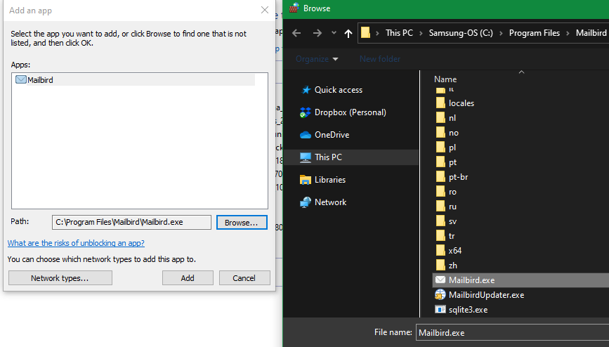 Диалог добавления нового приложения в брандмауэр Windows