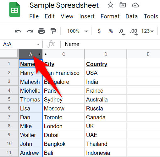 Выделите первый столбец.