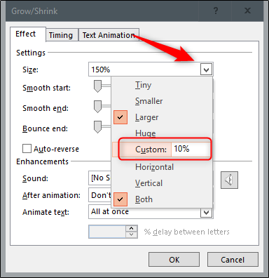 Параметр «Размер» на 10%