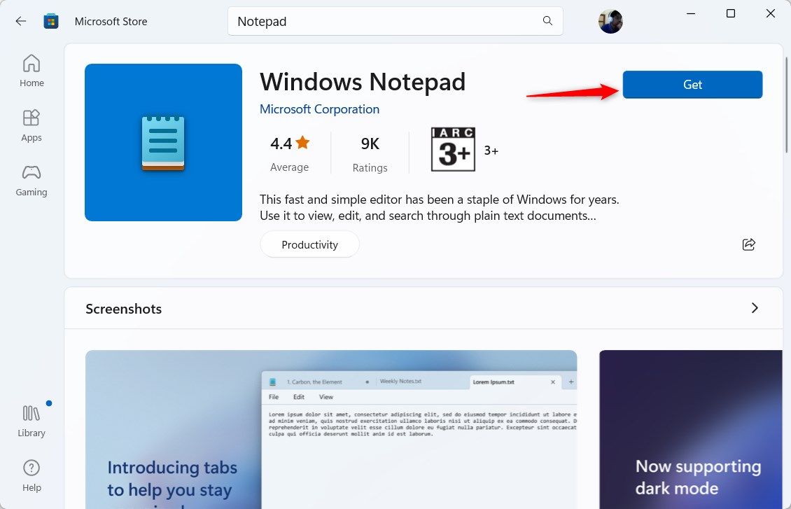 Установка Notepad через Microsoft Store.