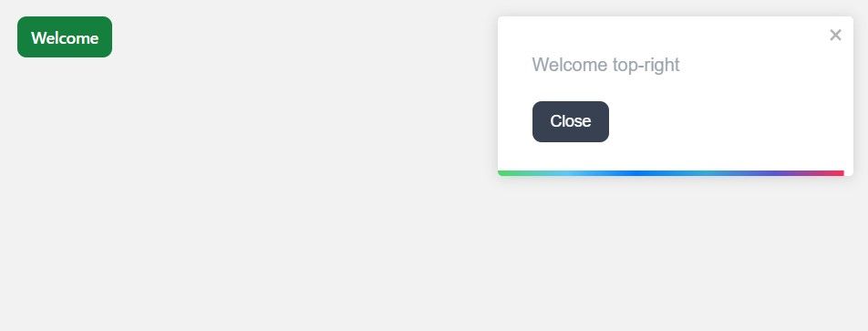 Всплывающее уведомление с текстом «Welcome» и кнопкой закрытия