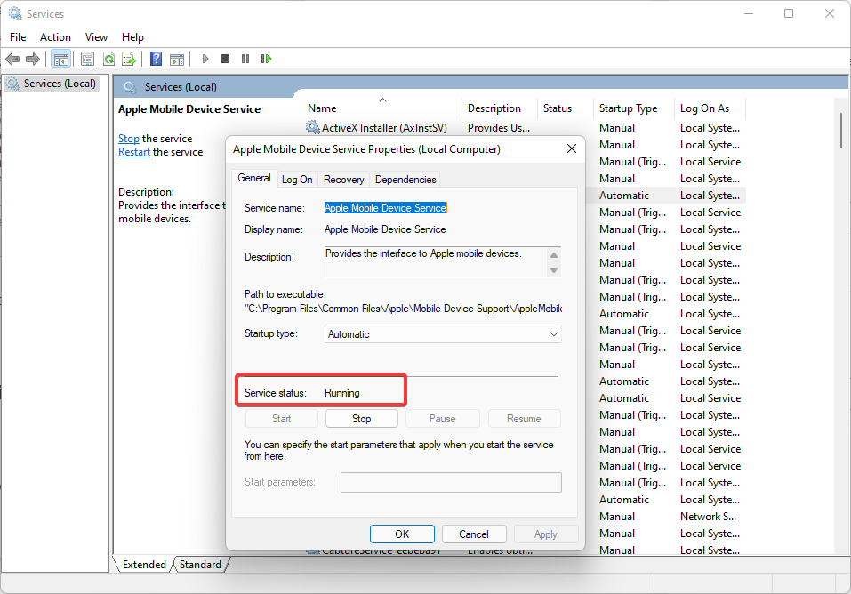 Статус службы запущен
