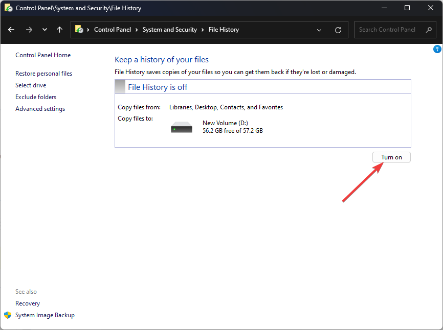 Снимок экрана: Включить историю файлов