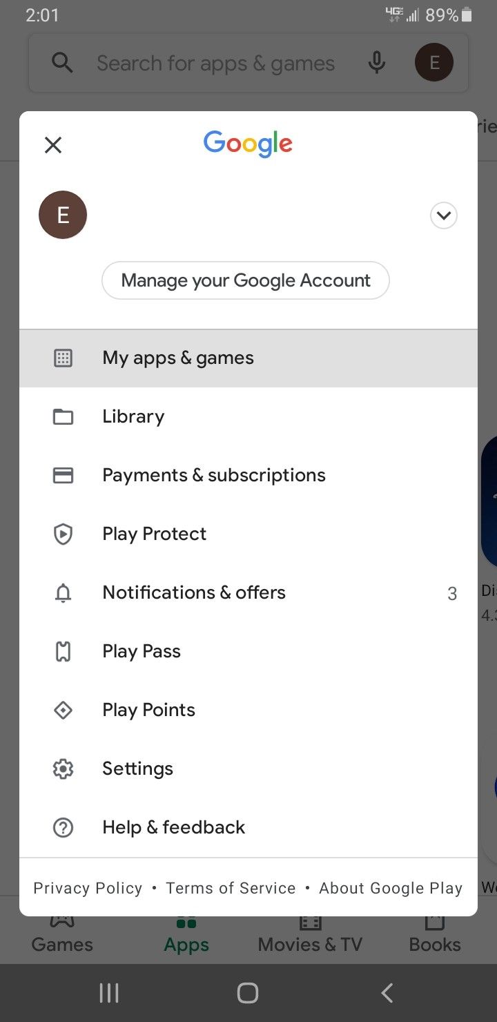 Меню Google Play Store с профилем