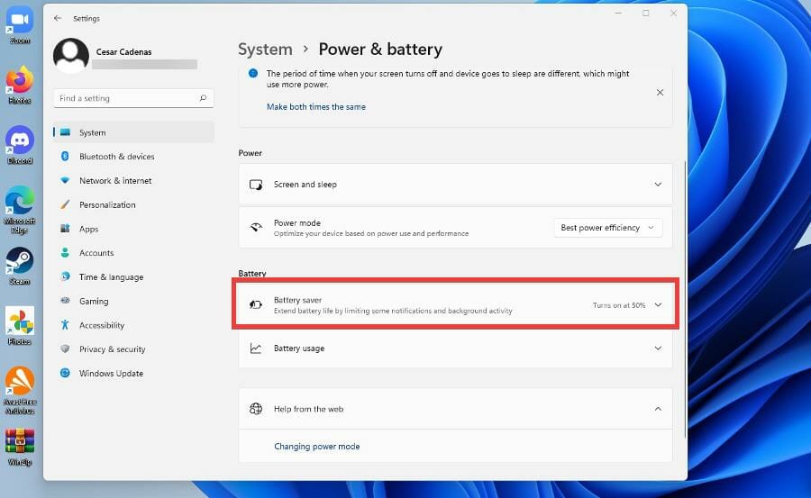 Настройка порога включения режима экономии заряда