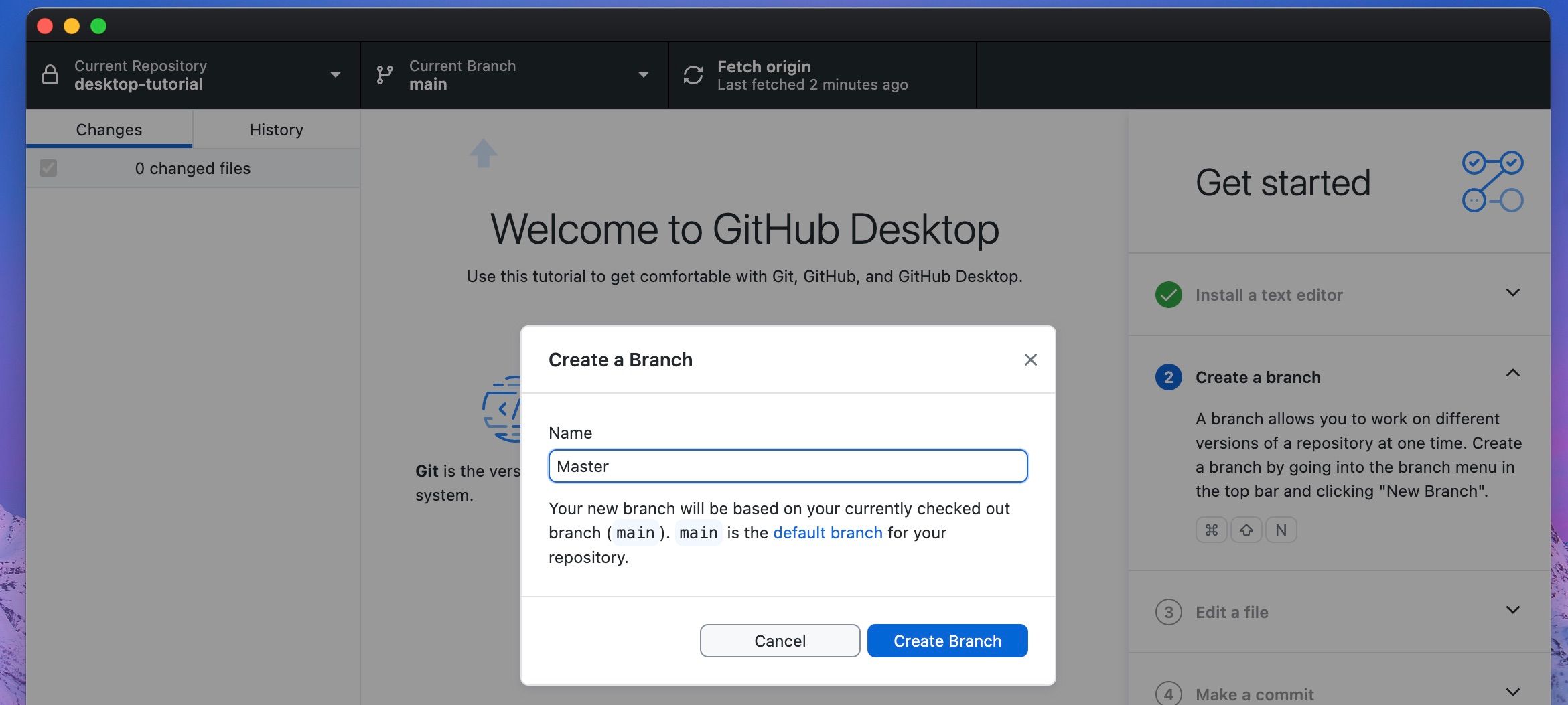 Naming the new branch in GitHub Desktop